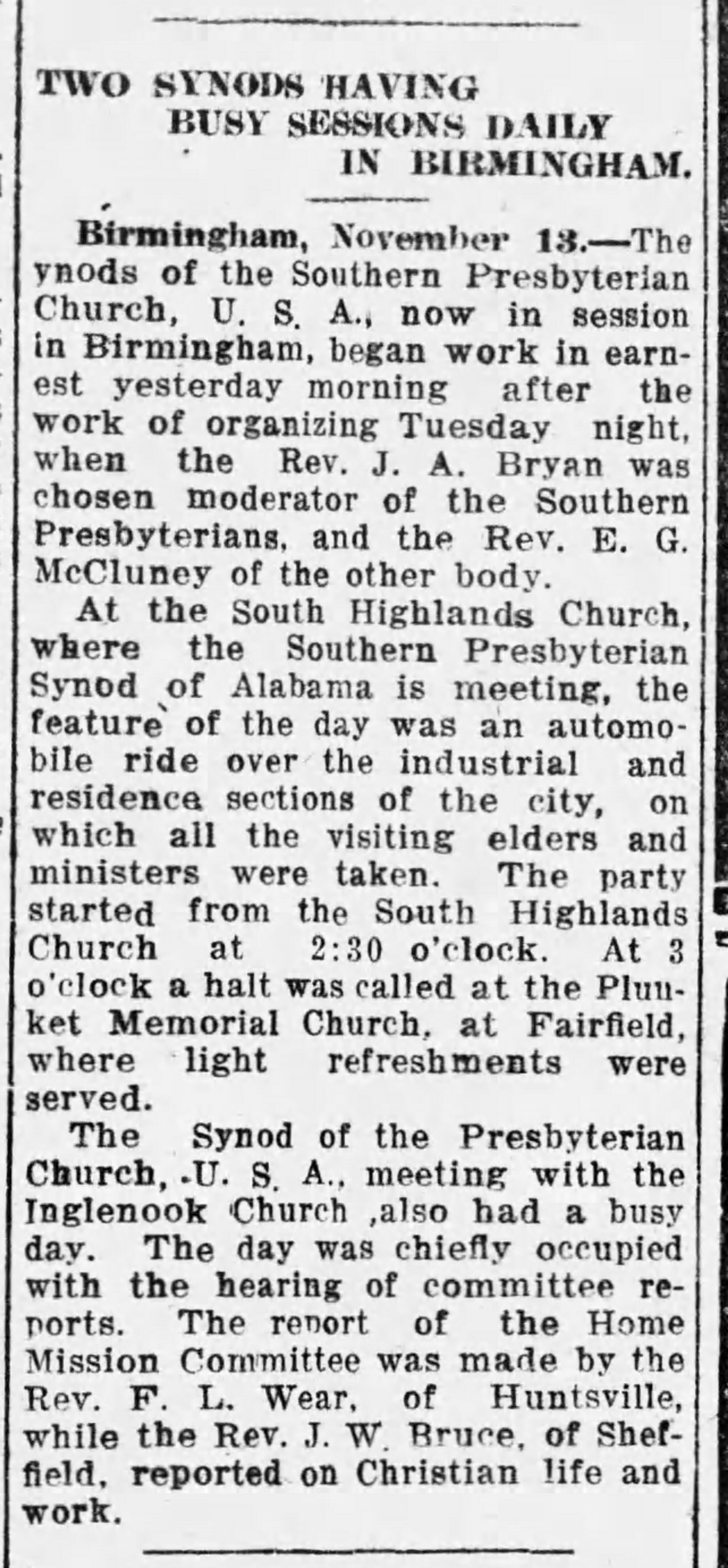 Two Synods Having Busy Sessions Daily In Birmingham (Bryan Elected as Moderator)